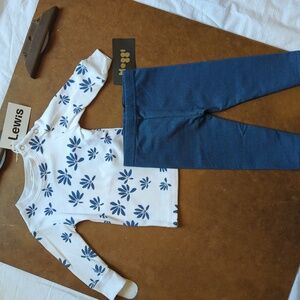 Two piece set long sleeve shirt 0-6M white with blue leaves Lewis andblue pants
